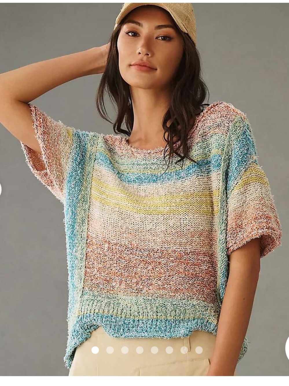 Anthropologie Pilcro Pastel Rainbow Striped Beach Sweater Tee Boxy Small Boho - Picture 2 of 10